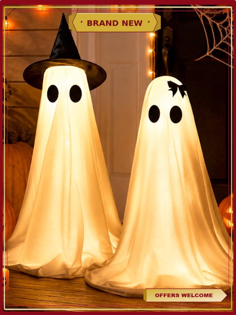 2Pc Lighted Ghost Halloween Decor Set with Witch Hat & Bow Indoor/Outdoor